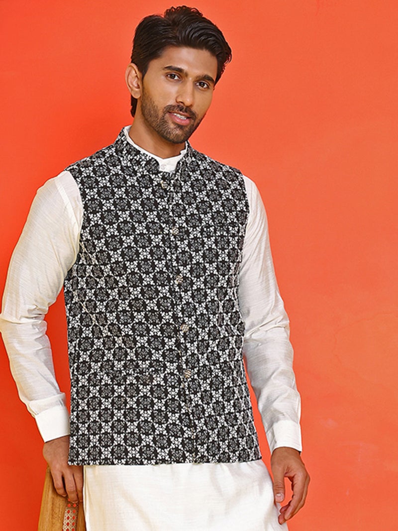NOZ2TOZ Embroidered Black Nehru Jacket for Men - Image 5