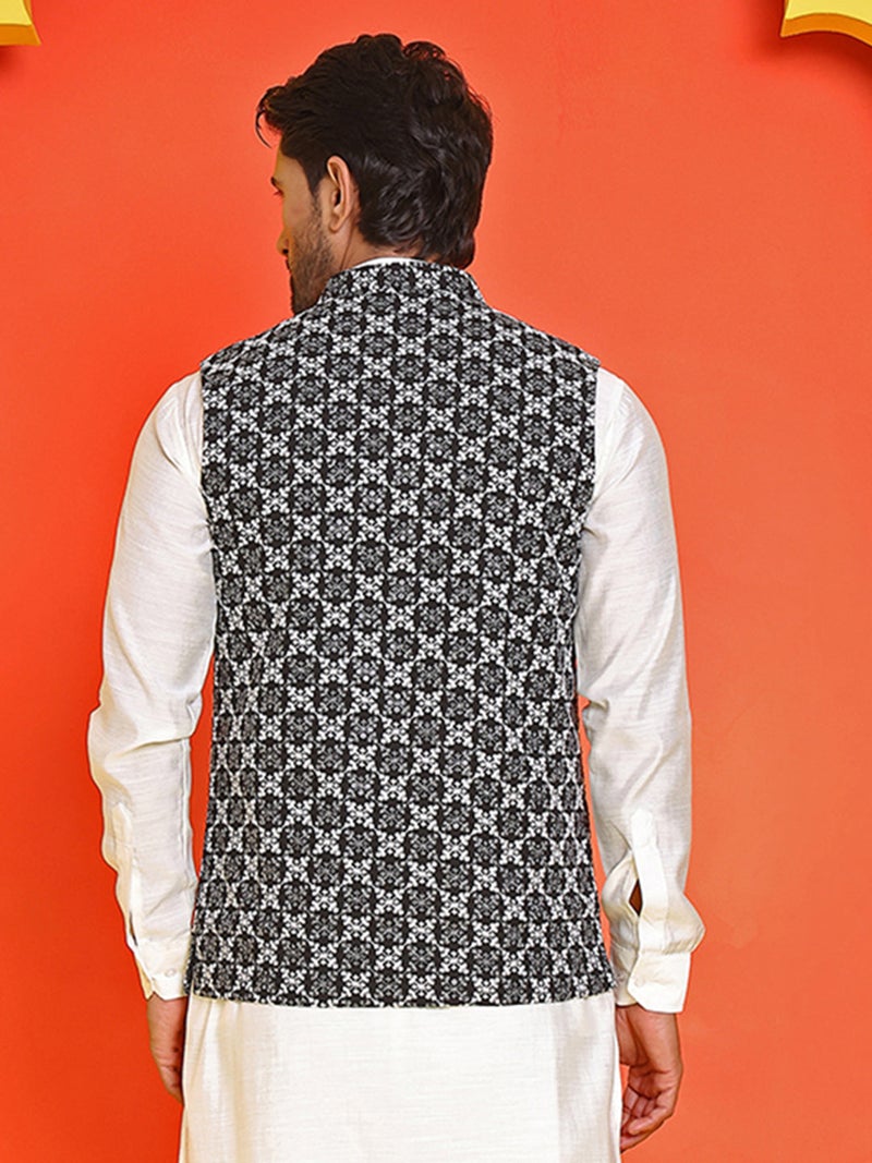 NOZ2TOZ Embroidered Black Nehru Jacket for Men - Image 3