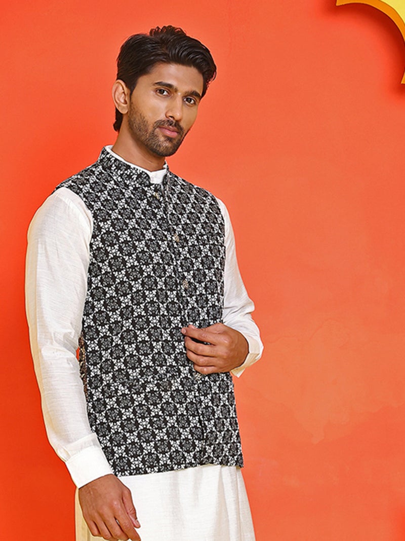 NOZ2TOZ Embroidered Black Nehru Jacket for Men - Image 2