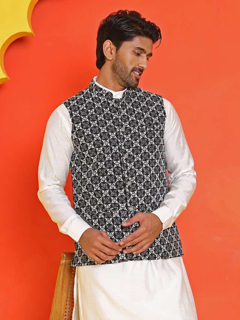 NOZ2TOZ Embroidered Black Nehru Jacket for Men - Image 1