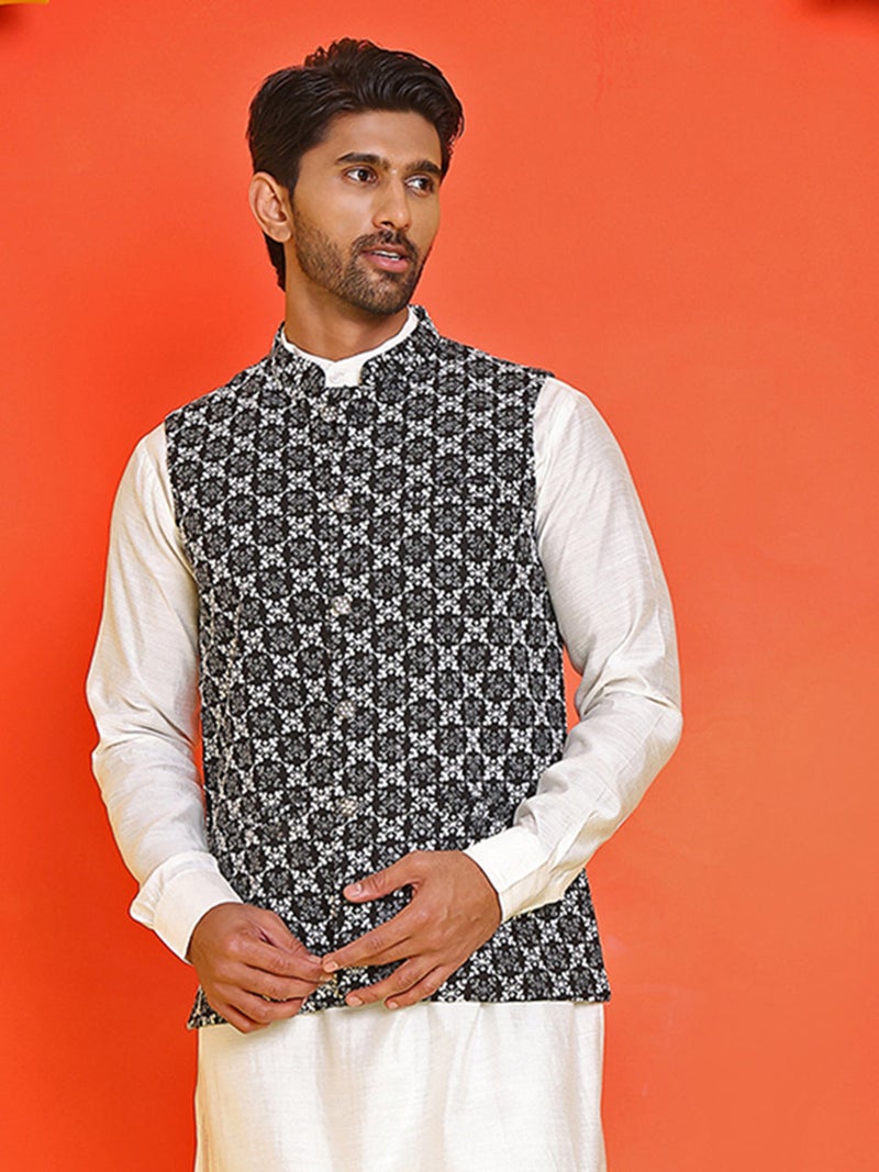NOZ2TOZ Embroidered Black Nehru Jacket for Men - Image 4