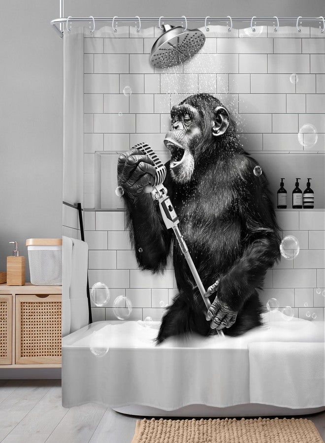 Newsely Funny Monkey Shower Curtain 72Wx72H Inch Black White Animal Chimpanzee Singing in Bathtub Men Kids Boy Shower Curtain Bathroom Set Modern Cool Waterproof Bath Decoration Accessories Home Decor - Image 2