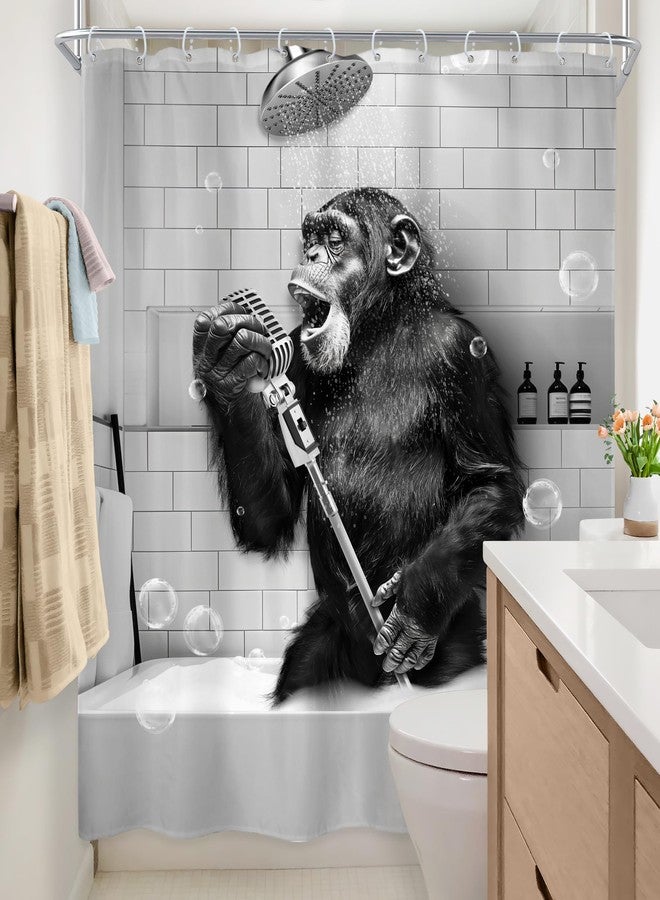 Newsely Funny Monkey Shower Curtain 72Wx72H Inch Black White Animal Chimpanzee Singing in Bathtub Men Kids Boy Shower Curtain Bathroom Set Modern Cool Waterproof Bath Decoration Accessories Home Decor - Image 4
