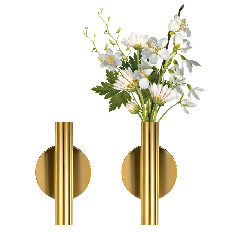 Zyghjort 2 PCS Wall Vases for Flowers, Gold Flower Vase Metal Hanging Plant Holder Small Gold Vase Flowers Tube Wall Planter Hanging Vase for Modern Home Decor Display Dried Faux Flower Fake Flower - Image 1