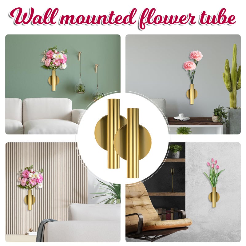 Zyghjort 2 PCS Wall Vases for Flowers, Gold Flower Vase Metal Hanging Plant Holder Small Gold Vase Flowers Tube Wall Planter Hanging Vase for Modern Home Decor Display Dried Faux Flower Fake Flower - Image 5