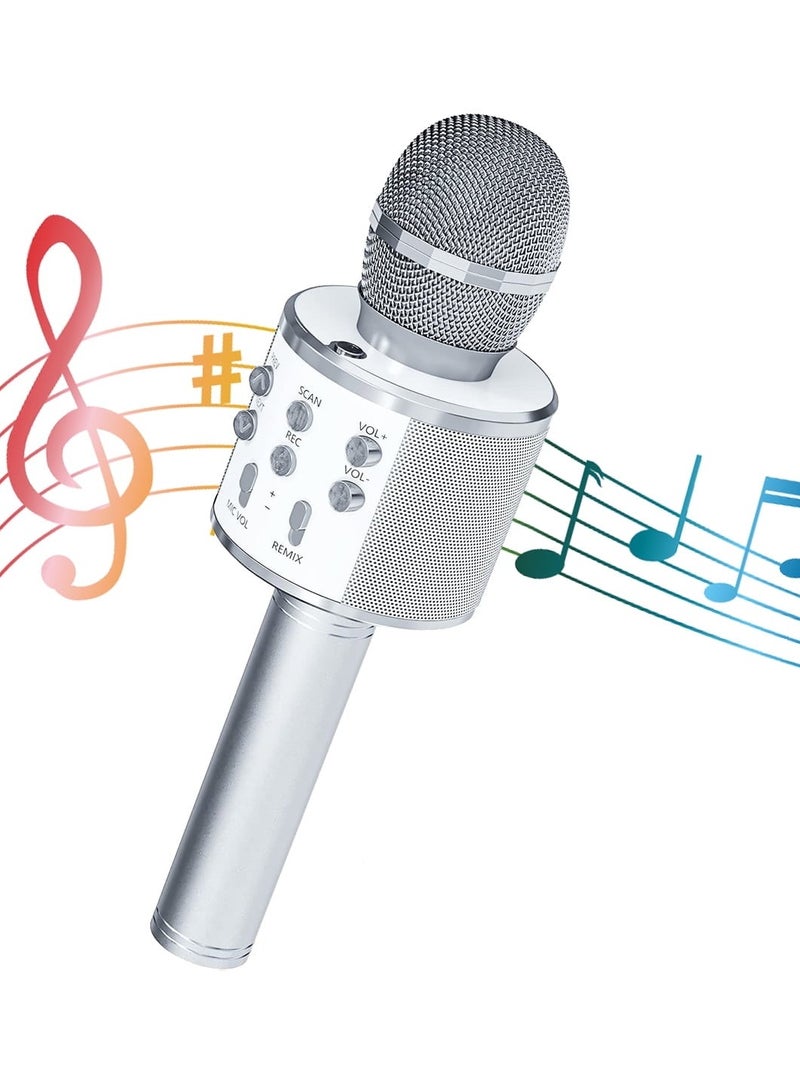 DIGI CORE Kids Microphone Wireless Bluetooth Karaoke Microphone Portable Handheld Karaoke Mic Speaker Machine For Home Party Birthday For All Smartphones Karaoke Machine Toys For Boys & Girls WS-858 Silver - Image 1