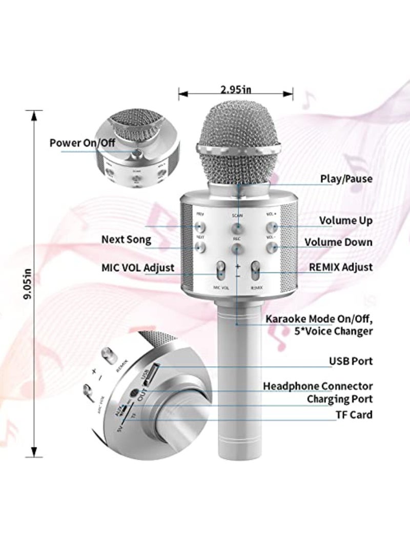 DIGI CORE Kids Microphone Wireless Bluetooth Karaoke Microphone Portable Handheld Karaoke Mic Speaker Machine For Home Party Birthday For All Smartphones Karaoke Machine Toys For Boys & Girls WS-858 Silver - Image 3