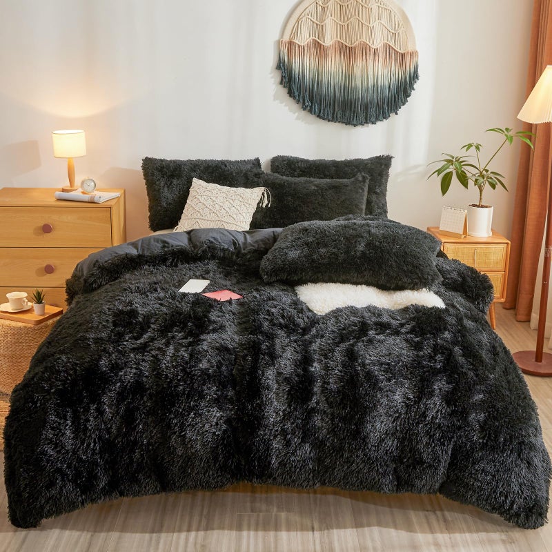 Fluffy Faux Fur Black Comforter Cover Queen Set  Plush Fluffy Black Bedding 3Piece Set 1 Duvet Cover  2 Furry Pillow Shams Cozy Bed Set