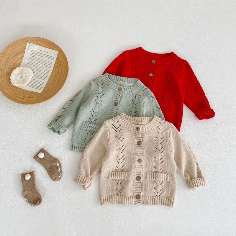 Ins Autumn Clothing For Men And Women Baby Pure Color Sweater Versatile Cardigan Cut Out Knitted Cotton Yarn Long-Sleeved Jacket - Image 3