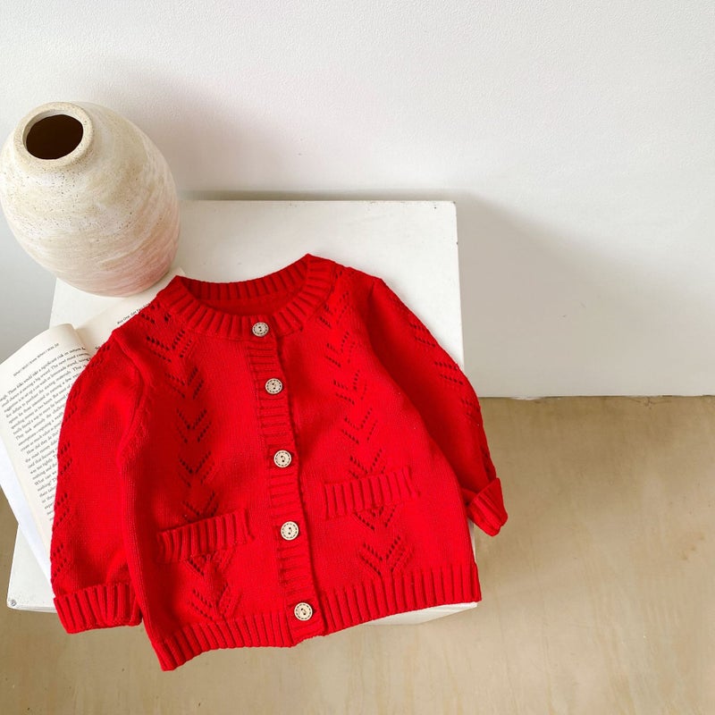 Ins Autumn Clothing For Men And Women Baby Pure Color Sweater Versatile Cardigan Cut Out Knitted Cotton Yarn Long-Sleeved Jacket - Image 1
