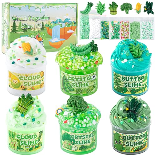 LAWOHO 6 Packs Gradient Green Slime Kit Cloud Butter Clear Slime Crunchy Slimes for Kids with Various Slime Addins Non Sticky Slimes Party Favors for Girls and Boys - Image 1