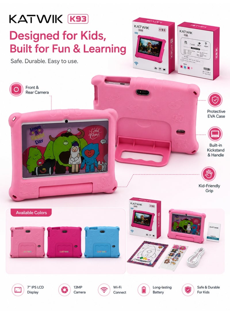 KATWIK K93 Kids Tablet 7-Inch WiFi Model With Protective Rubber Case, 13MP Rear Camera, AI Lens Flash, Type-C Charging, Learning & Entertainment Tablet For Kids - Image 3