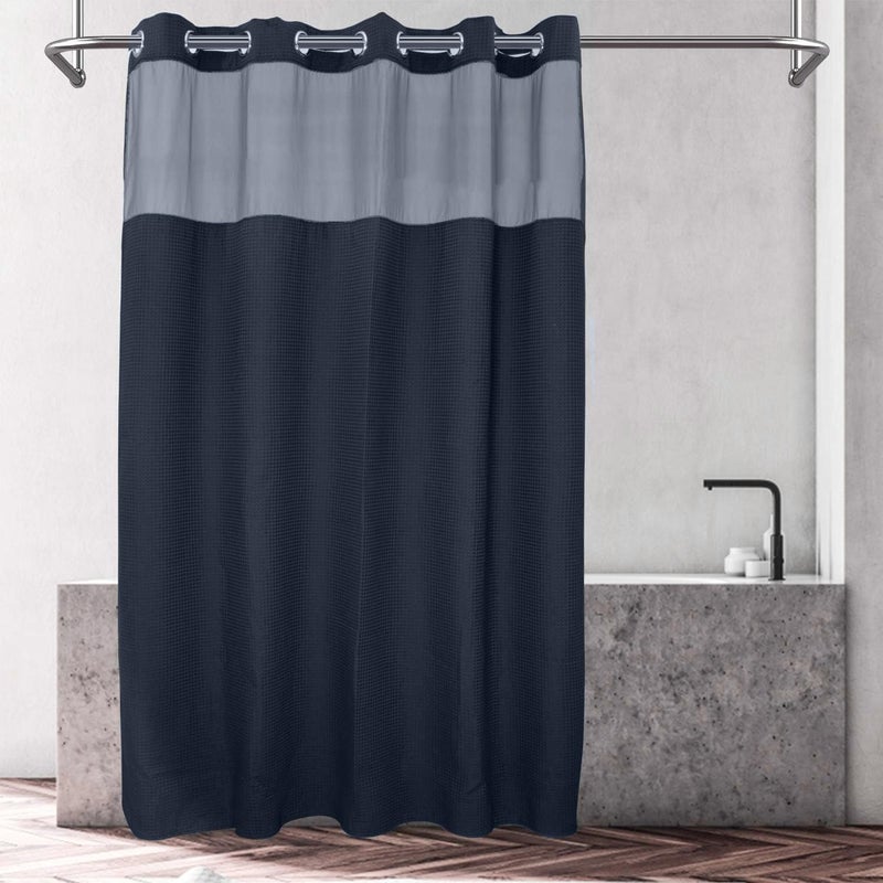 River Dream Navy Blue Fabric Shower Curtain Set Cotton Blend Waffle Weave with Snap in Replacement Liner71 x 74 inches