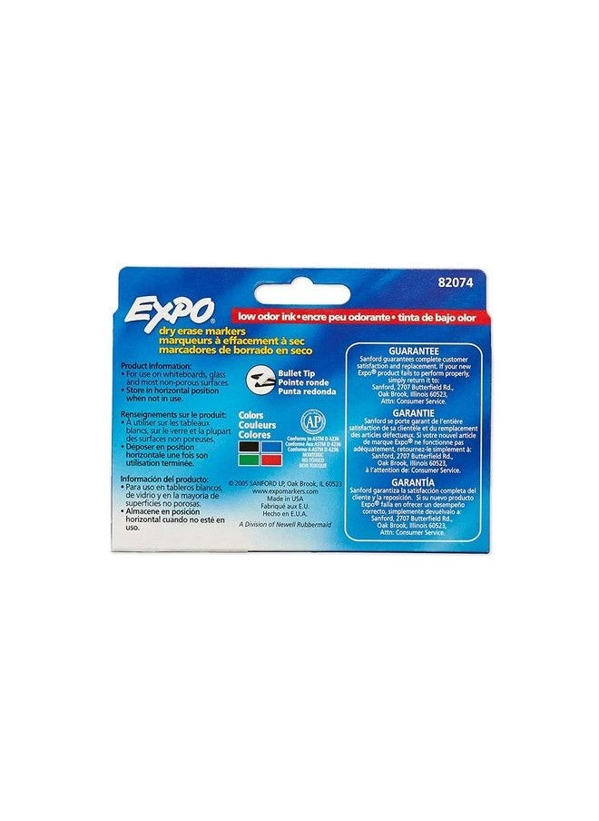 Expo - 82074 Lowodor Dry Erase Markers Bullet Tip 4 Assorted Colors (Black Blue Green And Red) 4 Blisters Of 4 Markers Each Total 16 Assorted Color Markers - Image 1