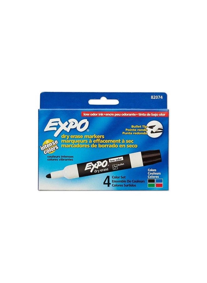 Expo - 82074 Lowodor Dry Erase Markers Bullet Tip 4 Assorted Colors (Black Blue Green And Red) 4 Blisters Of 4 Markers Each Total 16 Assorted Color Markers - Image 1