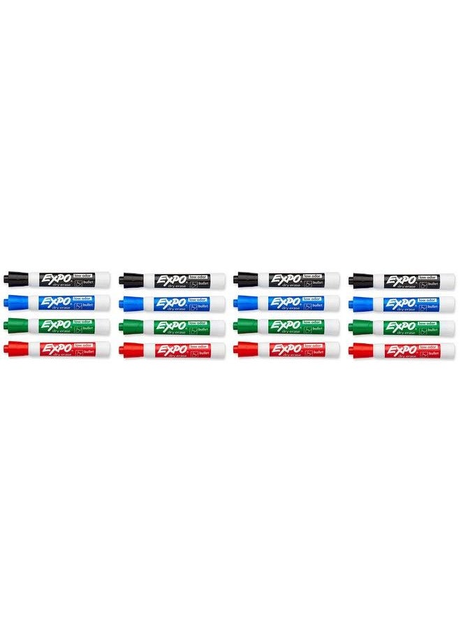 Expo - 82074 Lowodor Dry Erase Markers Bullet Tip 4 Assorted Colors (Black Blue Green And Red) 4 Blisters Of 4 Markers Each Total 16 Assorted Color Markers - Image 1