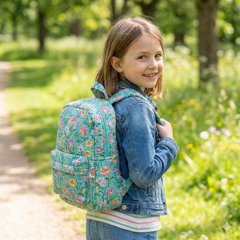 LITTLE CHIKU Handcrafted Soft Quilted Cotton Toddler Backpack Floral Print Design - Image 2