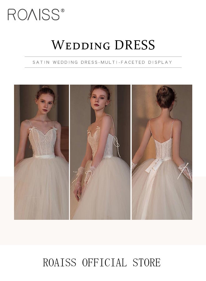 roaiss Tail Wedding Dresses for Women Retro Mesh Lace Temperament Slim Fit Waisted High-Rise Sleeveless Banquet Main Dress with Bow Design Ladies Light Bridal Welcome Gown with Double Veil and Gloves  - Image 5