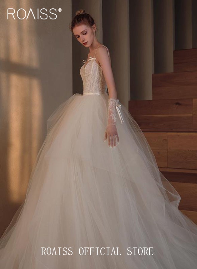 roaiss Tail Wedding Dresses for Women Retro Mesh Lace Temperament Slim Fit Waisted High-Rise Sleeveless Banquet Main Dress with Bow Design Ladies Light Bridal Welcome Gown with Double Veil and Gloves  - Image 1