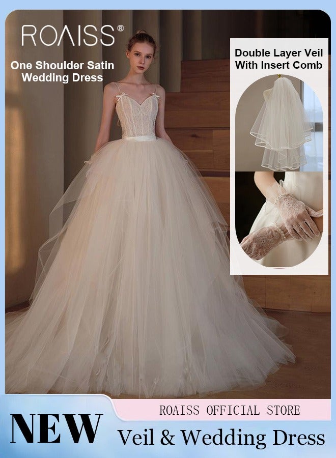 roaiss Tail Wedding Dresses for Women Retro Mesh Lace Temperament Slim Fit Waisted High-Rise Sleeveless Banquet Main Dress with Bow Design Ladies Light Bridal Welcome Gown with Double Veil and Gloves  - Image 2