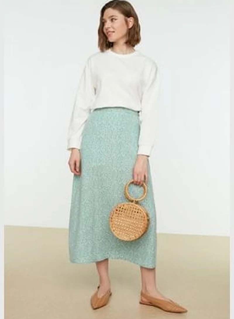 trendyol Mint Floral Printed Viscose Woven Flare Skirt TCTSS21ET0497