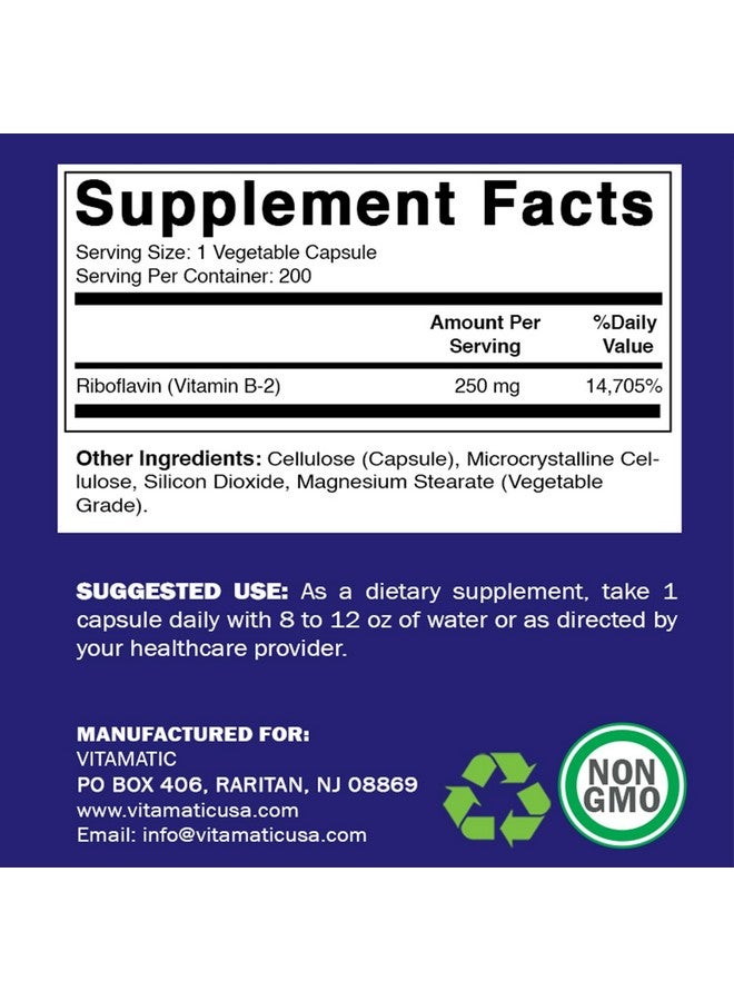 Vitamatic Vitamin B2 (Riboflavin) 250 mg - 200 Capsules Support Cellular Energy & Red Blood Cell Production - Image 2