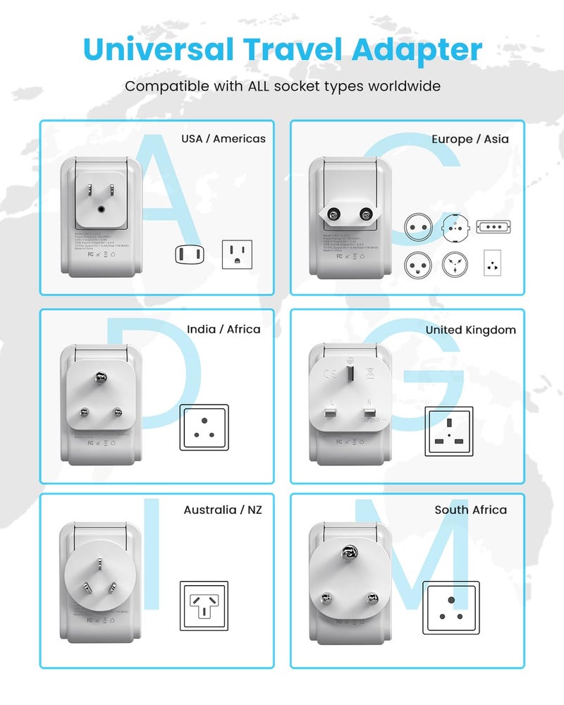 VINTAR Universal Travel Adapter Kit, VINTAR International Plug Adapter with 3 USB Ports(2 USB C, 3.4A) and 2 American Outlets, Type A,C,G,D,I,M Detachable Attachments, Adapter for US/EU/UK/India/AUS/Africa - Image 2