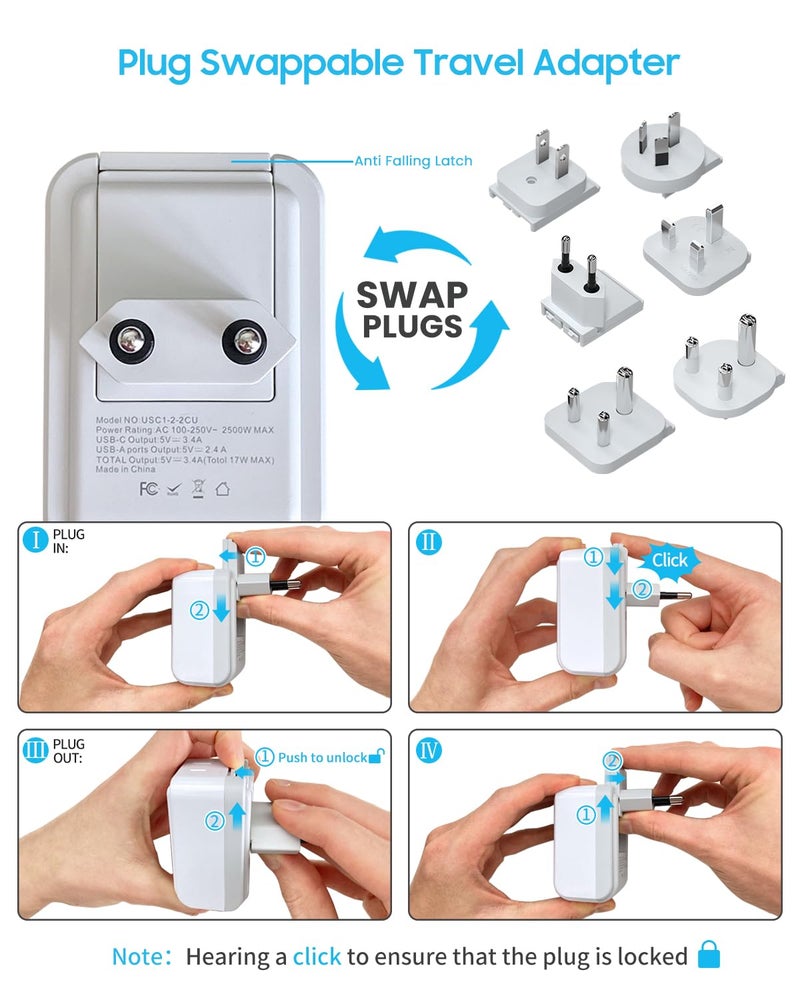VINTAR Universal Travel Adapter Kit, VINTAR International Plug Adapter with 3 USB Ports(2 USB C, 3.4A) and 2 American Outlets, Type A,C,G,D,I,M Detachable Attachments, Adapter for US/EU/UK/India/AUS/Africa - Image 5