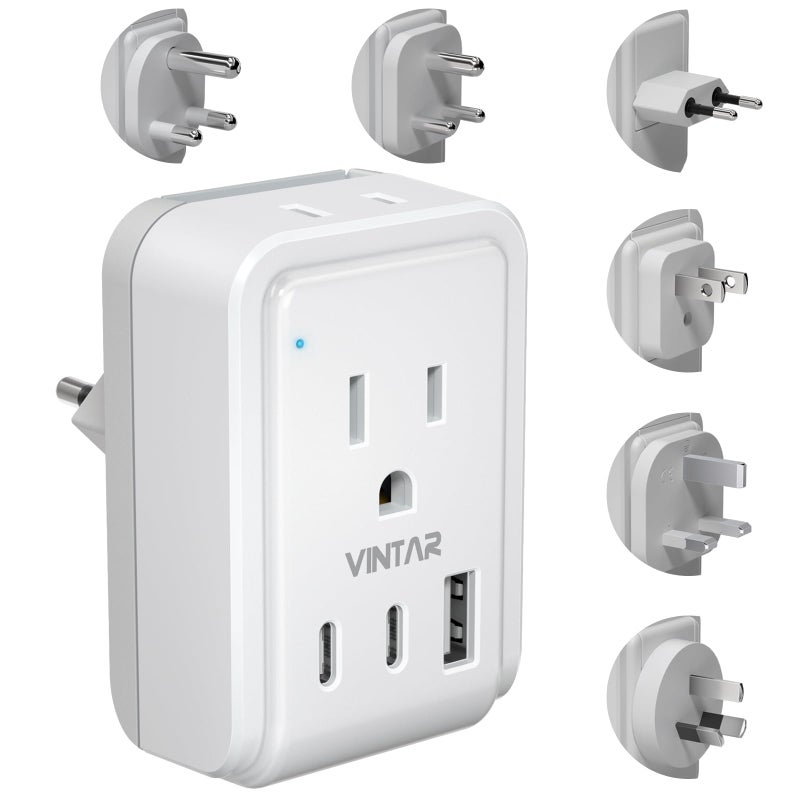 VINTAR Universal Travel Adapter Kit, VINTAR International Plug Adapter with 3 USB Ports(2 USB C, 3.4A) and 2 American Outlets, Type A,C,G,D,I,M Detachable Attachments, Adapter for US/EU/UK/India/AUS/Africa - Image 1