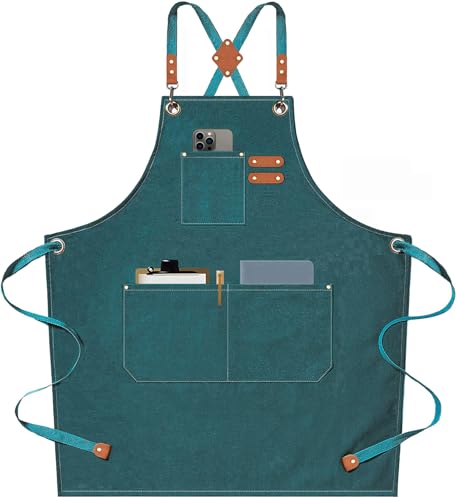AFUN Chef Aprons for Men Women with Large Pockets, Cotton Canvas Cross Back Heavy Duty Adjustable Work Apron, Size M to XXL (Darkgreen) - Image 1