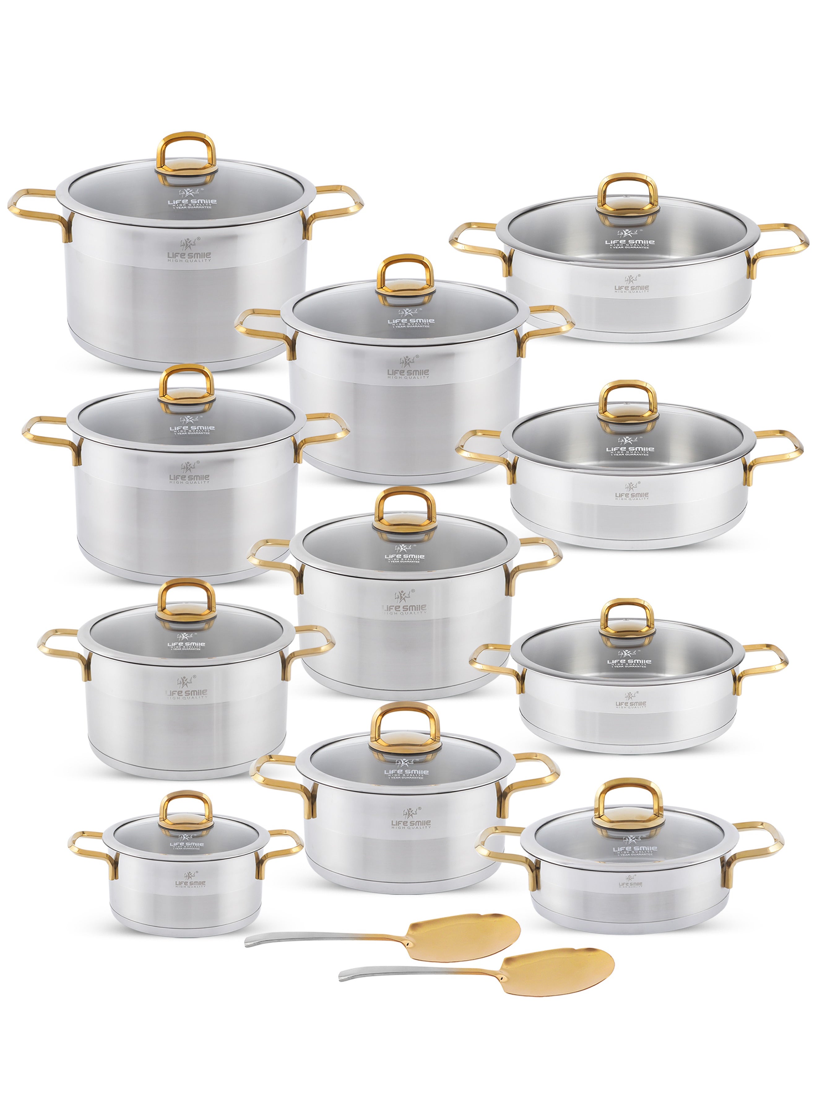 Life Smile LIFE SMILE 24-Pieces Stainless Steel Cookware Set - Pure 18/10 Premium Stainless Steel Pots and Pans Set - Kitchen Set Compatible with All Stovetops Including Induction - Non-Toxic, 100% PFOA, PTFE & PFOS Free - Oven Safe (Gold) 