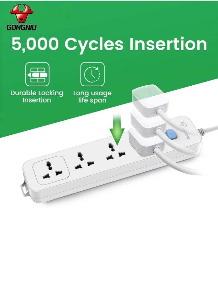 غونغنيو سلك تمديد كهربائي بأربعة منافذ بطول 3 أمتار مع مفتاح رئيسي، شريط طاقة متعدد المقابس عالمي مزود بفتحات تعليق، سلك تمديد للمنزل والمكتب - Image 3
