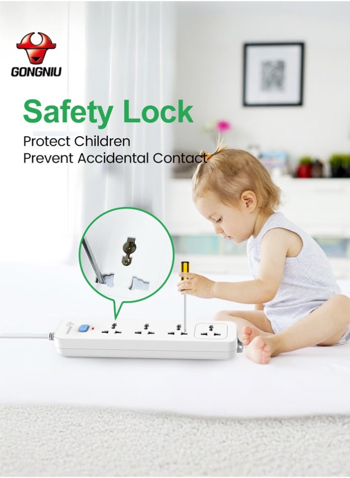 غونغنيو سلك تمديد كهربائي بأربعة منافذ بطول 3 أمتار مع مفتاح رئيسي، شريط طاقة متعدد المقابس عالمي مزود بفتحات تعليق، سلك تمديد للمنزل والمكتب - Image 5