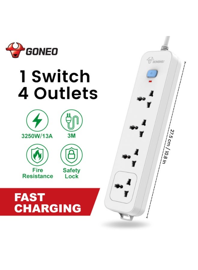 غونغنيو سلك تمديد كهربائي بأربعة منافذ بطول 3 أمتار مع مفتاح رئيسي، شريط طاقة متعدد المقابس عالمي مزود بفتحات تعليق، سلك تمديد للمنزل والمكتب - Image 4