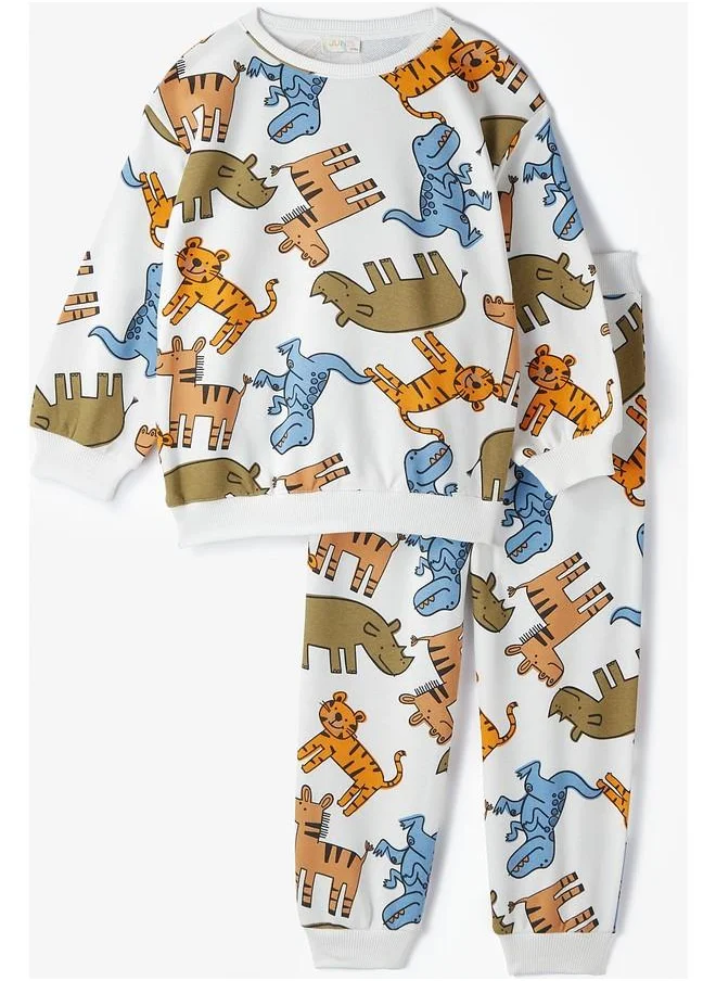 جون June Kid Cheerful Animals Patterned Sweatshirt and Sweatpant 2-Pack Set Ecru