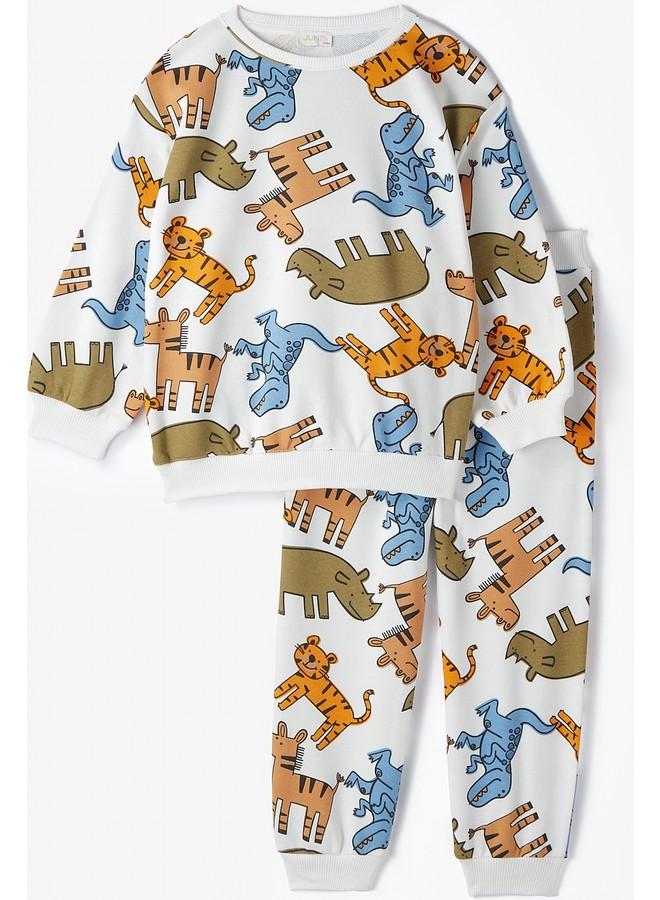 June Kid Cheerful Animals Patterned Sweatshirt and Sweatpant 2-Pack Set Ecru - Image 1