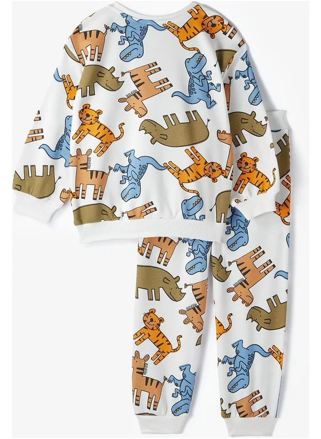 JUNE June Kid Cheerful Animals Patterned Sweatshirt and Sweatpant 2-Pack Set Ecru