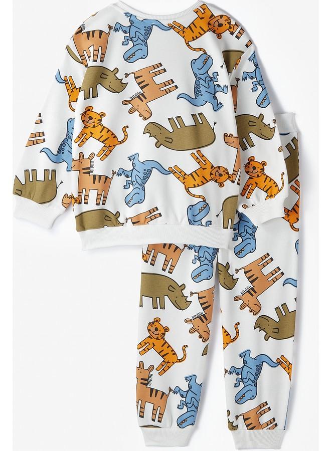 June Kid Cheerful Animals Patterned Sweatshirt and Sweatpant 2-Pack Set Ecru - Image 2