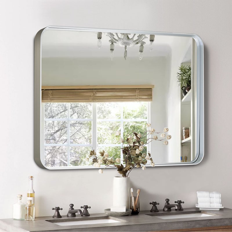 NicBex 50x32 Inch Bathroom Vanity Mirror Alloy Frame Wall Mirror for Bathroom Vanity Bedroom Hallway and Home Deco Modern and Farmhouse Room Makeover Mirror Round Corners Silver