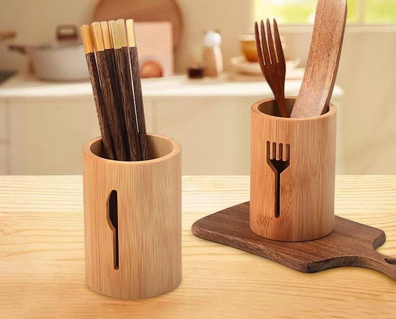 Generic Bamboo Utensil Holder for Spoons, Forks and Chopsticks, Cylindrical Kitchen Organiser, .sew - Image 1