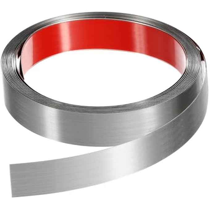 16.4 FT X 0.98 INCH WALL CLADDING FOR STICKING AND MOUNTING FRAME, SELF-ADHESIVE STAINLESS STEEL STRIP WITH BRUSHED FINISH FOR WALL, CEILING, CABINET, TILE EDGE, SILVER - Image 1