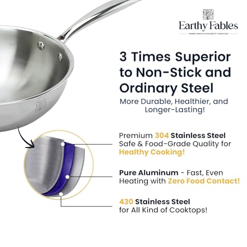 Earthy Fables Triply Stainless Steel Wok, 20cm, 1.5Ltr, 0.86kg, Frypan/Noodles/Curry/Rice, Food Safe, No Chemical Coating, Easy to Clean & Rust Resistant, Stove & Induction Bottom - Image 4