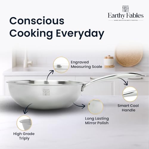 Earthy Fables Triply Stainless Steel Wok, 20cm, 1.5Ltr, 0.86kg, Frypan/Noodles/Curry/Rice, Food Safe, No Chemical Coating, Easy to Clean & Rust Resistant, Stove & Induction Bottom - Image 3