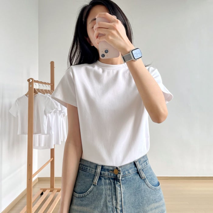 Pure Cotton Gray T-Shirt For Women, Short-Sleeved, Summer 2025, American Retro Design, Versatile, Slim-Fit, Casual Basic Top - Image 1