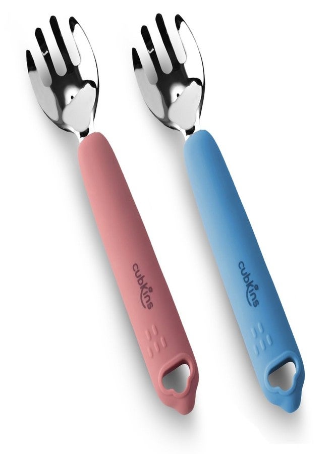 Cubkins Steel Head Set of 2 Fork for Feeding Babies with Soft Silicone Handle | Non Toxic, Food Safe and BPA Free | Washable and Reusable (Raspberry, Blue Olive) - Image 1