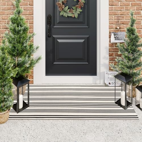LEEVAN Black and White Striped Outdoor Rug, 2’ x 4.3’ Cotton Hand-Woven Reversible Front Porch Rug Washable Front Door Mat Entryway Rugs Welcome Layered Doormat Carpet for Patio Farmhouse Kitchen - Image 2
