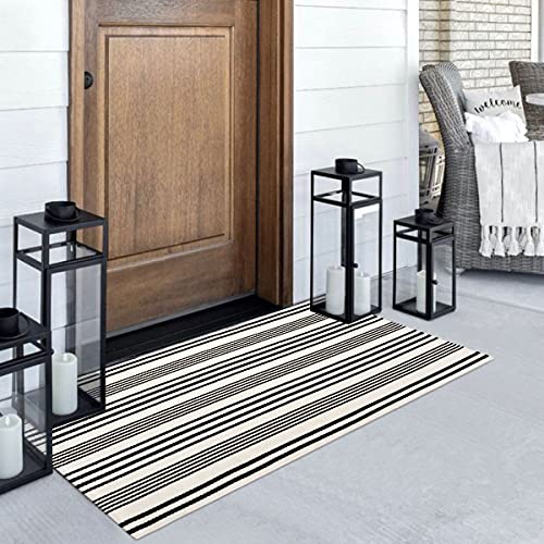 LEEVAN Black and White Striped Outdoor Rug, 2’ x 4.3’ Cotton Hand-Woven Reversible Front Porch Rug Washable Front Door Mat Entryway Rugs Welcome Layered Doormat Carpet for Patio Farmhouse Kitchen - Image 1