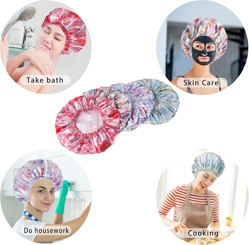 CHFONG 4 PCS Shower Caps for Women, 3D Printing Bath Caps, Double Layers Shower Cap Reusable Waterproof, Bathing Shower Caps, Environmental Protection Hair Bath Hat - Flower - Image 3