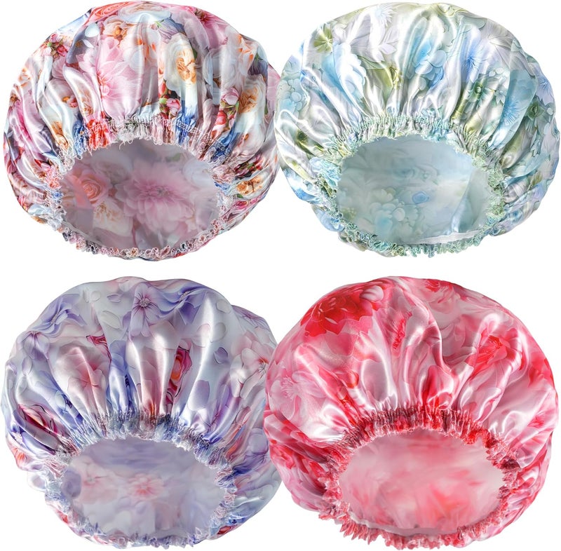 CHFONG 4 PCS Shower Caps for Women, 3D Printing Bath Caps, Double Layers Shower Cap Reusable Waterproof, Bathing Shower Caps, Environmental Protection Hair Bath Hat - Flower - Image 1
