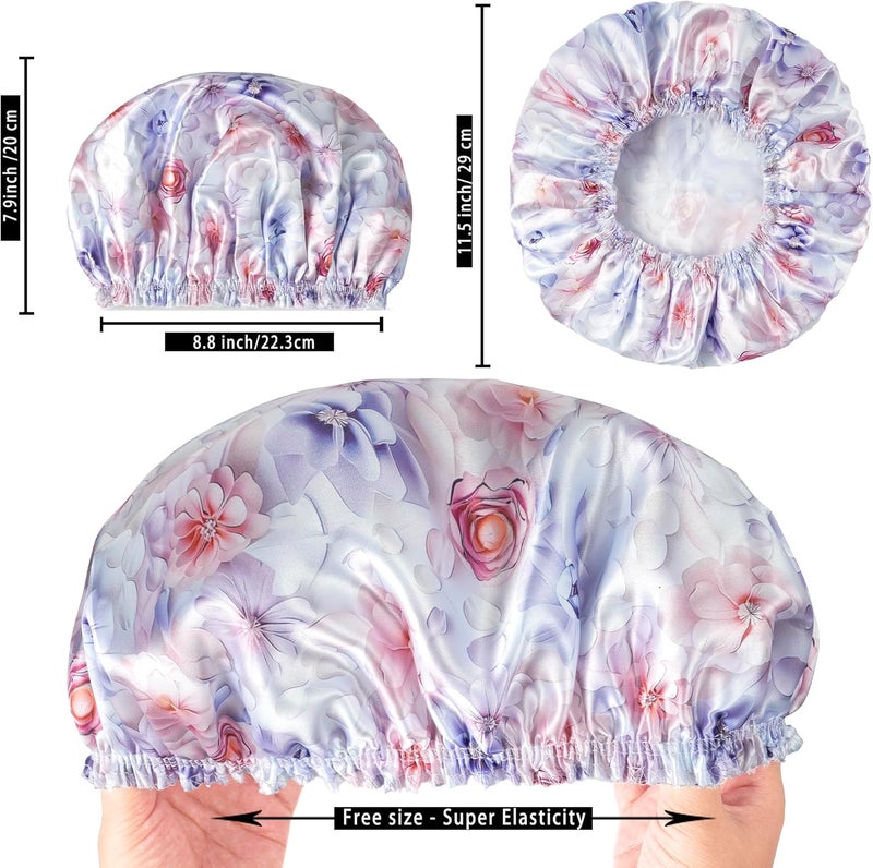 CHFONG 4 PCS Shower Caps for Women, 3D Printing Bath Caps, Double Layers Shower Cap Reusable Waterproof, Bathing Shower Caps, Environmental Protection Hair Bath Hat - Flower - Image 4